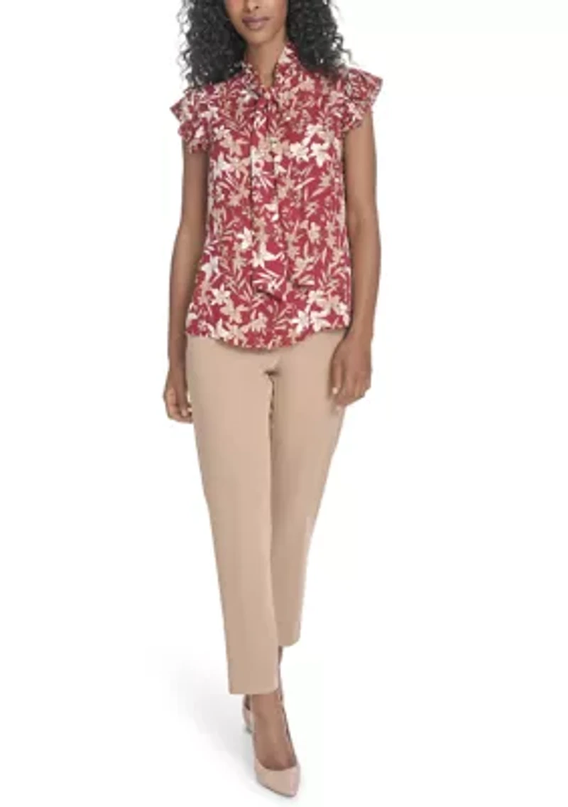 Women's Floral Ruffle Sleeve Bow Blouse