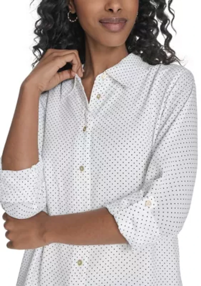 Women's Slim Fit Pin Dot Roll Tab Shirt