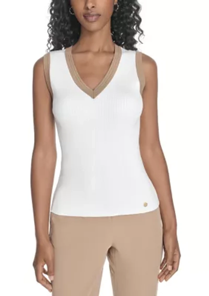 Women's Sleeveless V-Neck Tipped Sweater