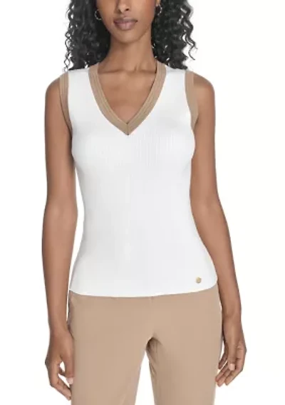 Women's Sleeveless V-Neck Tipped Sweater
