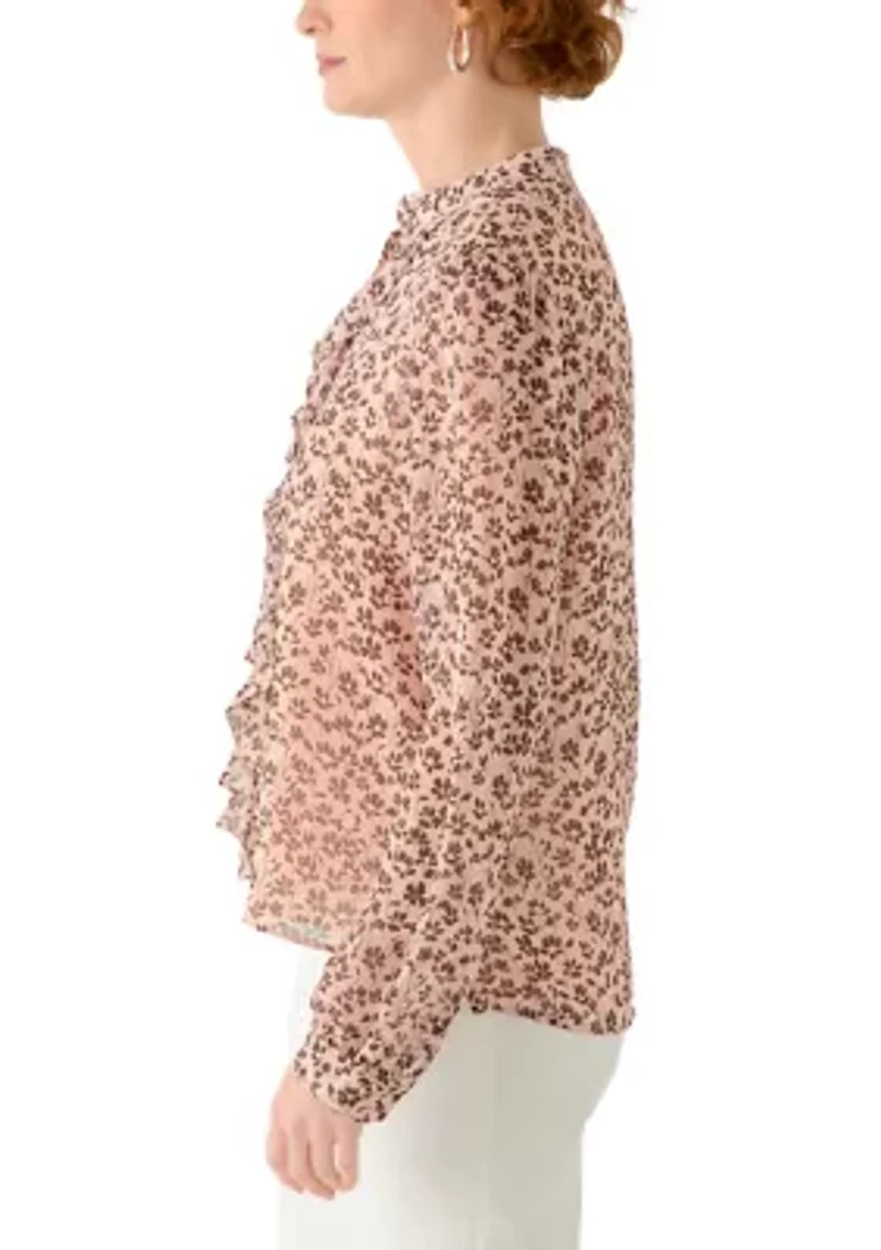 Women's Long Sleeve Floral Ruffle Blouse