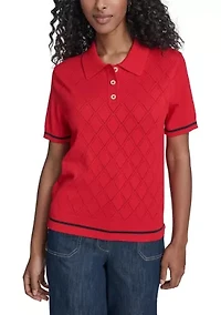 Women's Short Sleeve Pointelle Polo Sweater
