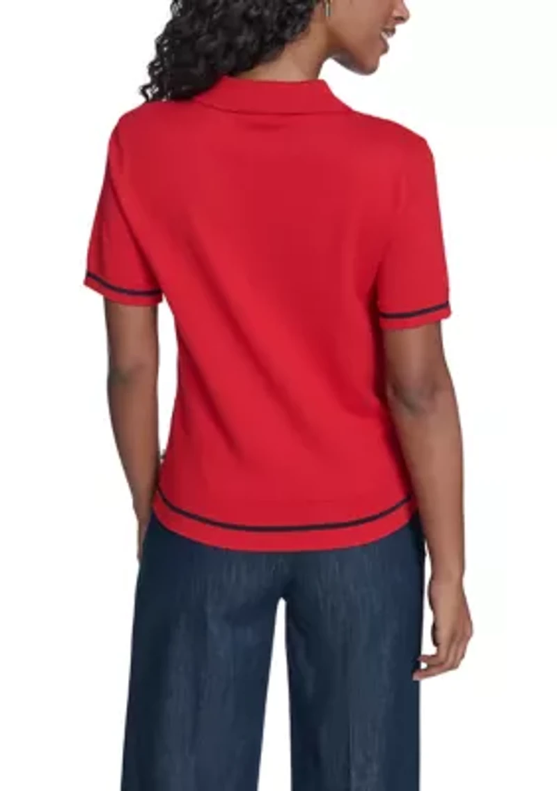 Women's Short Sleeve Pointelle Polo Sweater