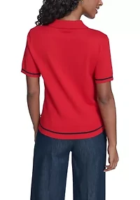 Women's Short Sleeve Pointelle Polo Sweater