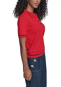 Women's Short Sleeve Pointelle Polo Sweater