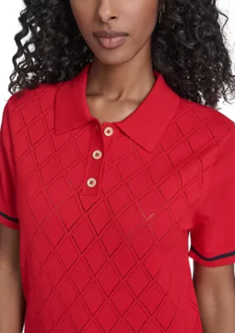 Women's Short Sleeve Pointelle Polo Sweater