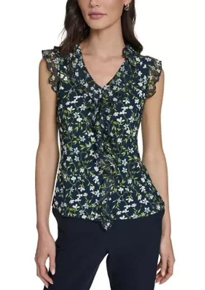 Women's Floral Vine Mixed Media Ruffle Top