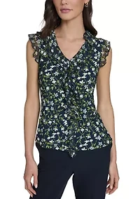 Women's Floral Vine Mixed Media Ruffle Top