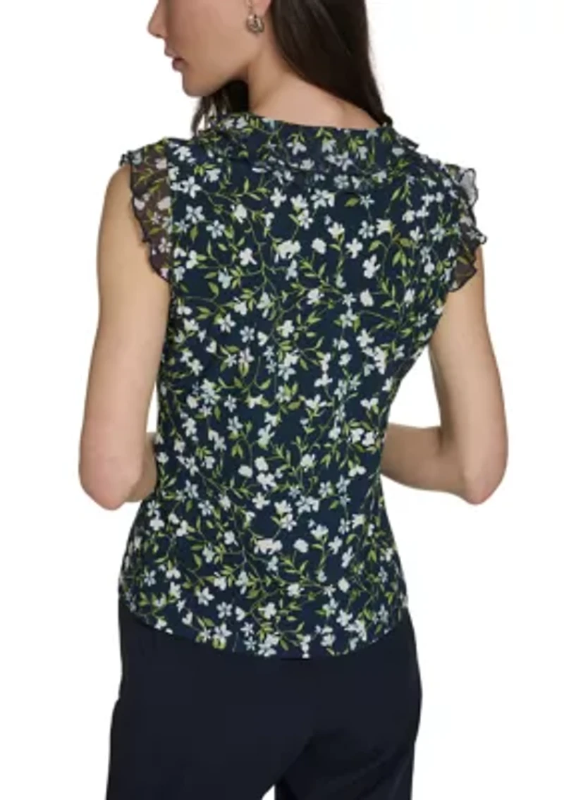 Women's Floral Vine Mixed Media Ruffle Top