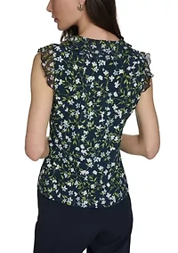 Women's Floral Vine Mixed Media Ruffle Top