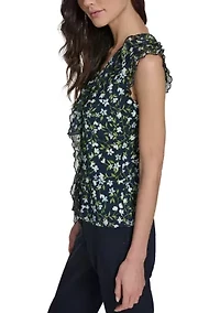 Women's Floral Vine Mixed Media Ruffle Top