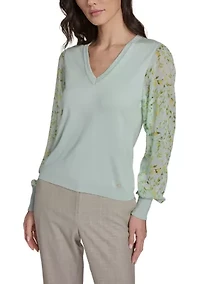 Women's Floral Mixed Media V-Neck Sweater