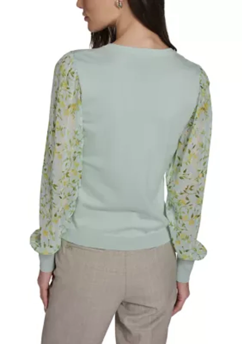 Women's Floral Mixed Media V-Neck Sweater