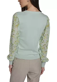 Women's Floral Mixed Media V-Neck Sweater