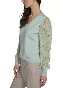 Women's Floral Mixed Media V-Neck Sweater