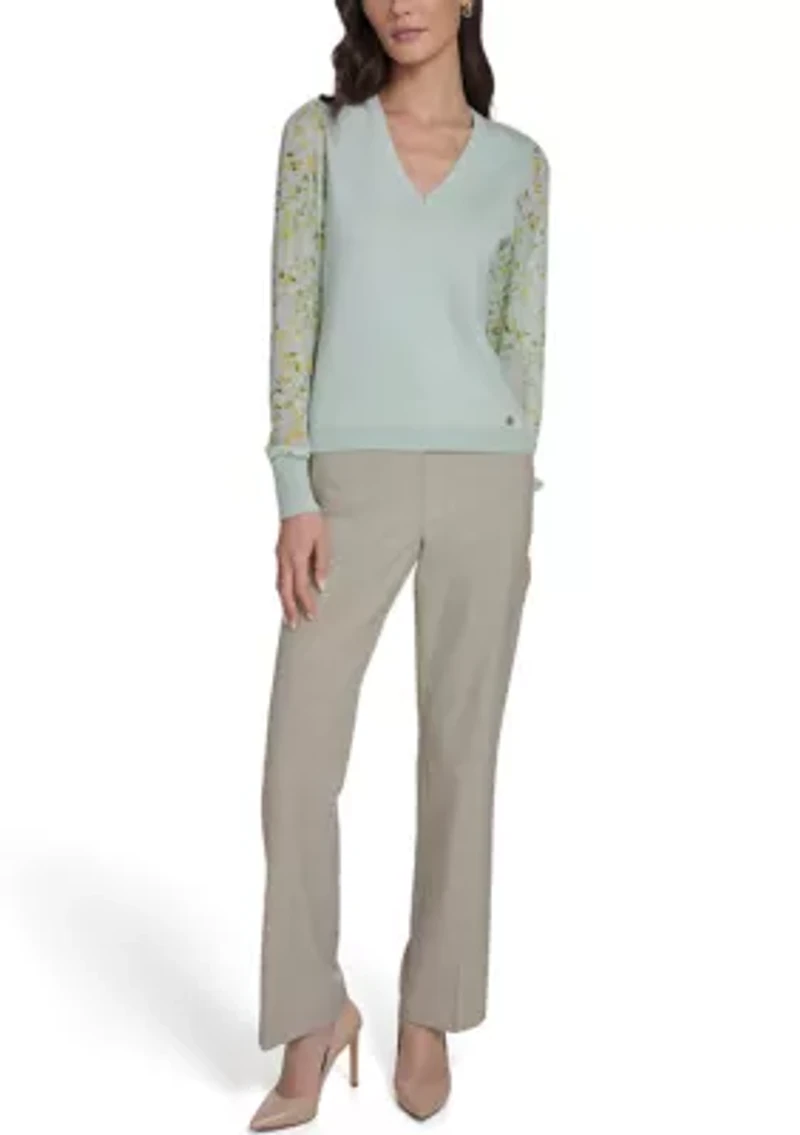 Women's Floral Mixed Media V-Neck Sweater