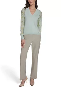 Women's Floral Mixed Media V-Neck Sweater