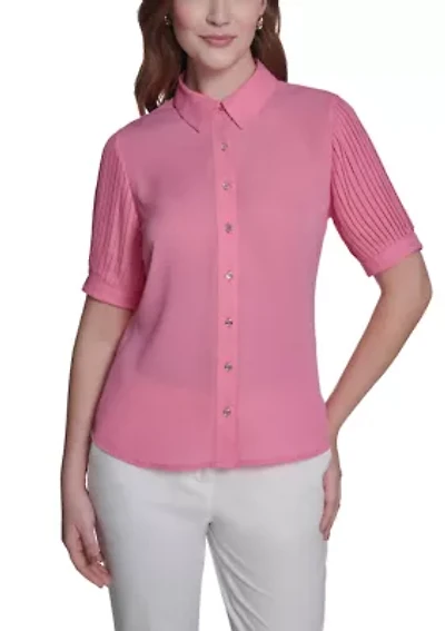 Women's Pleated Button Front Blouse