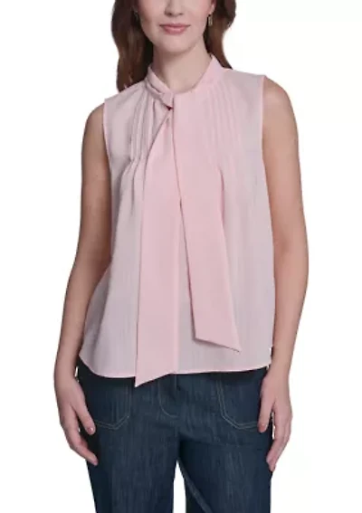 Women's Sleeveless Pintuck Blouse with Necktie