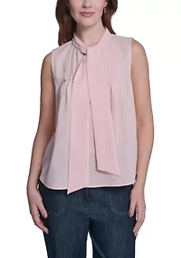 Women's Sleeveless Pintuck Blouse with Necktie