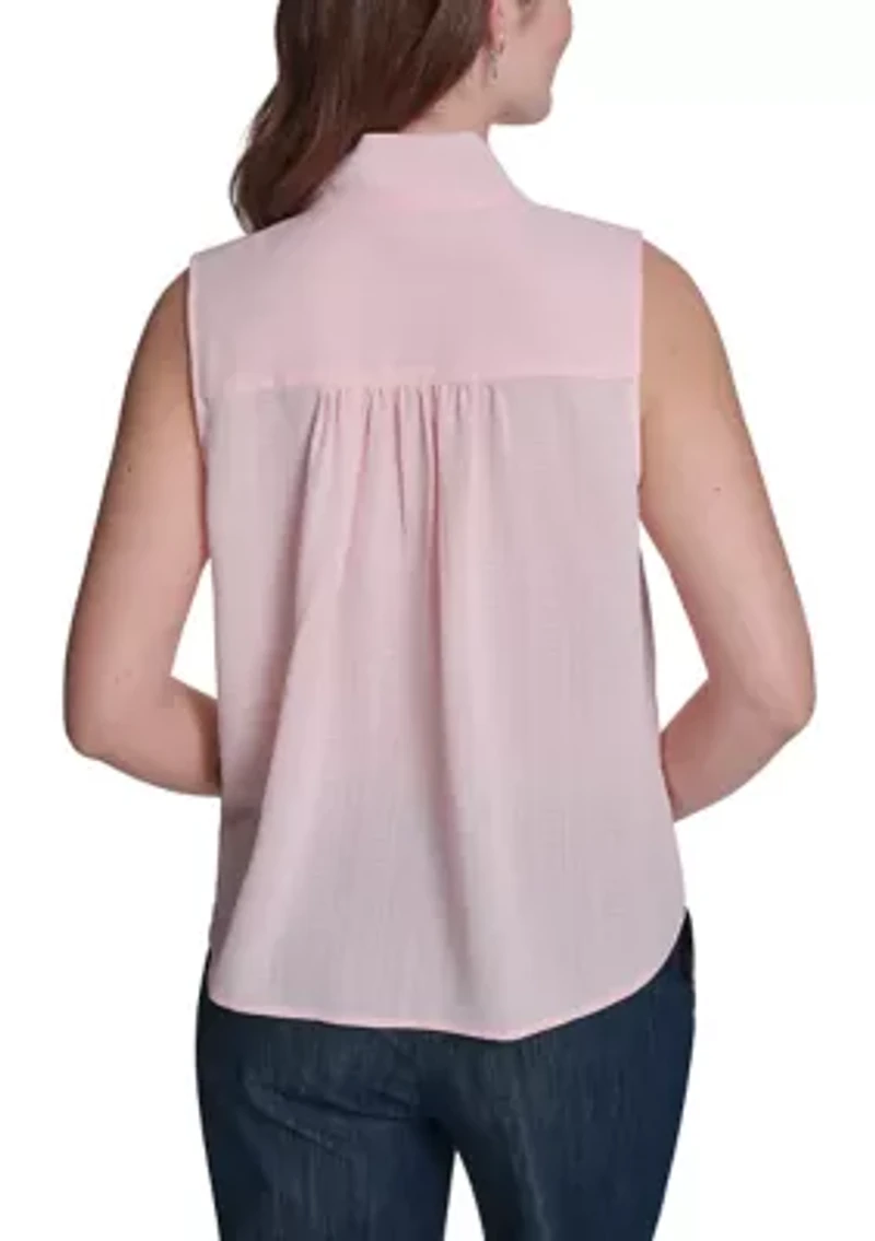 Women's Sleeveless Pintuck Blouse with Necktie