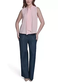 Women's Sleeveless Pintuck Blouse with Necktie