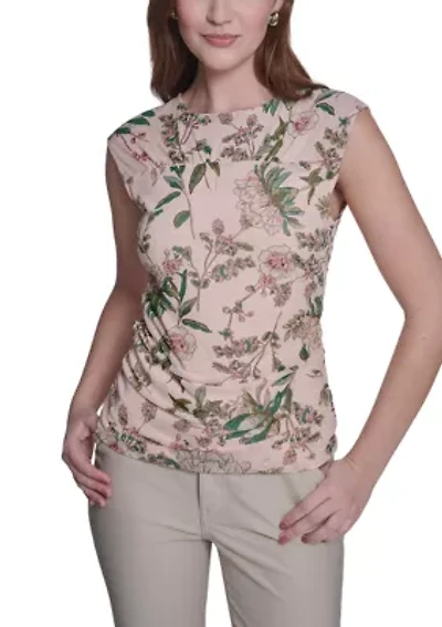 Women's Sleeveless Ruched Side Seam Floral Top