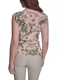 Women's Sleeveless Ruched Side Seam Floral Top