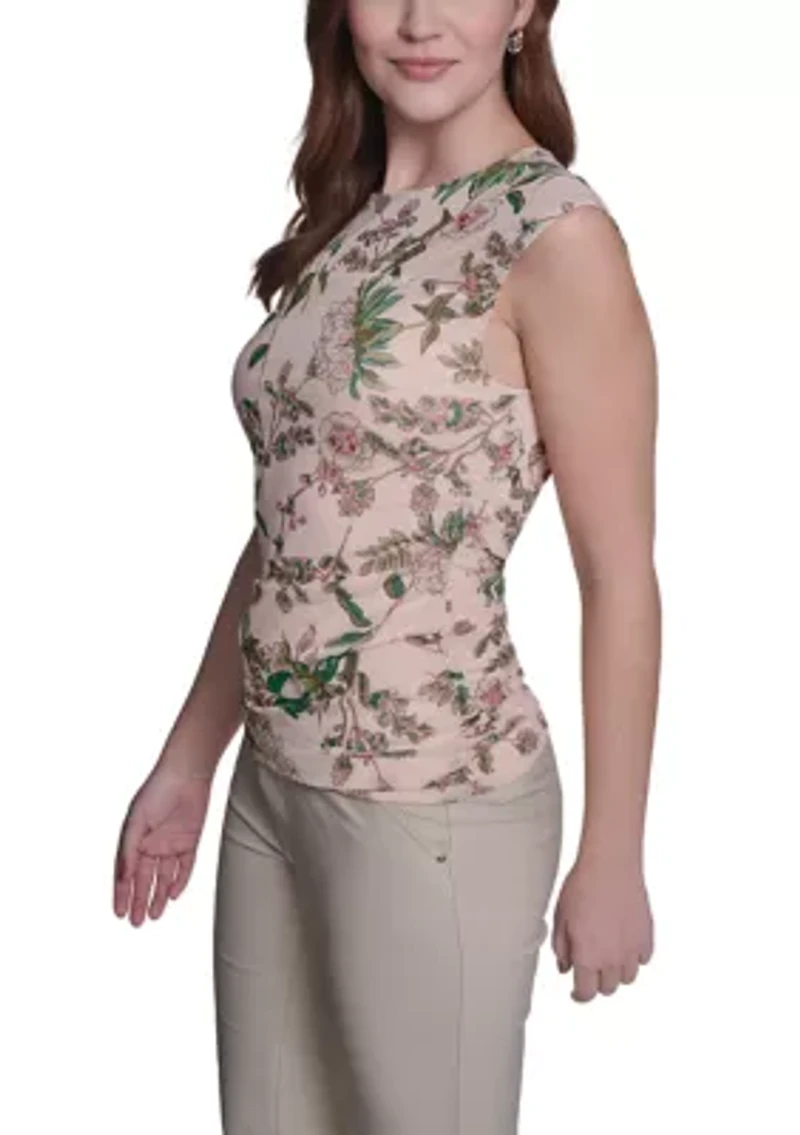 Women's Sleeveless Ruched Side Seam Floral Top