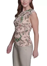 Women's Sleeveless Ruched Side Seam Floral Top