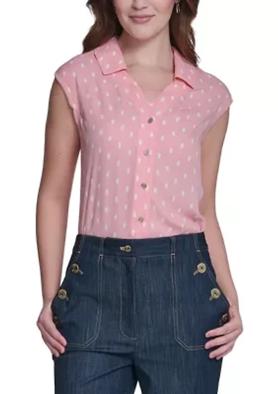 Women's Sleeveless Dot Button Up Blouse