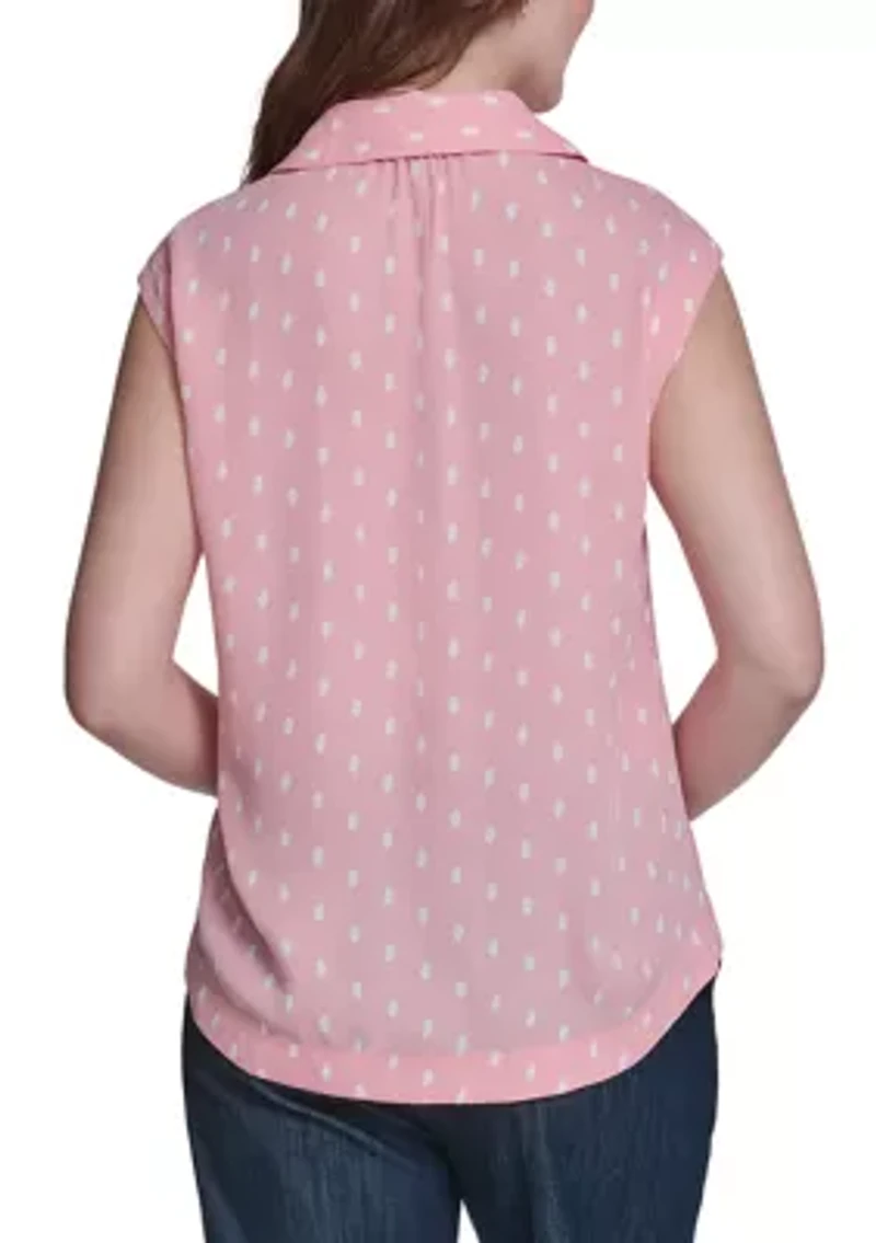 Women's Sleeveless Dot Button Up Blouse