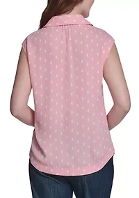 Women's Sleeveless Dot Button Up Blouse