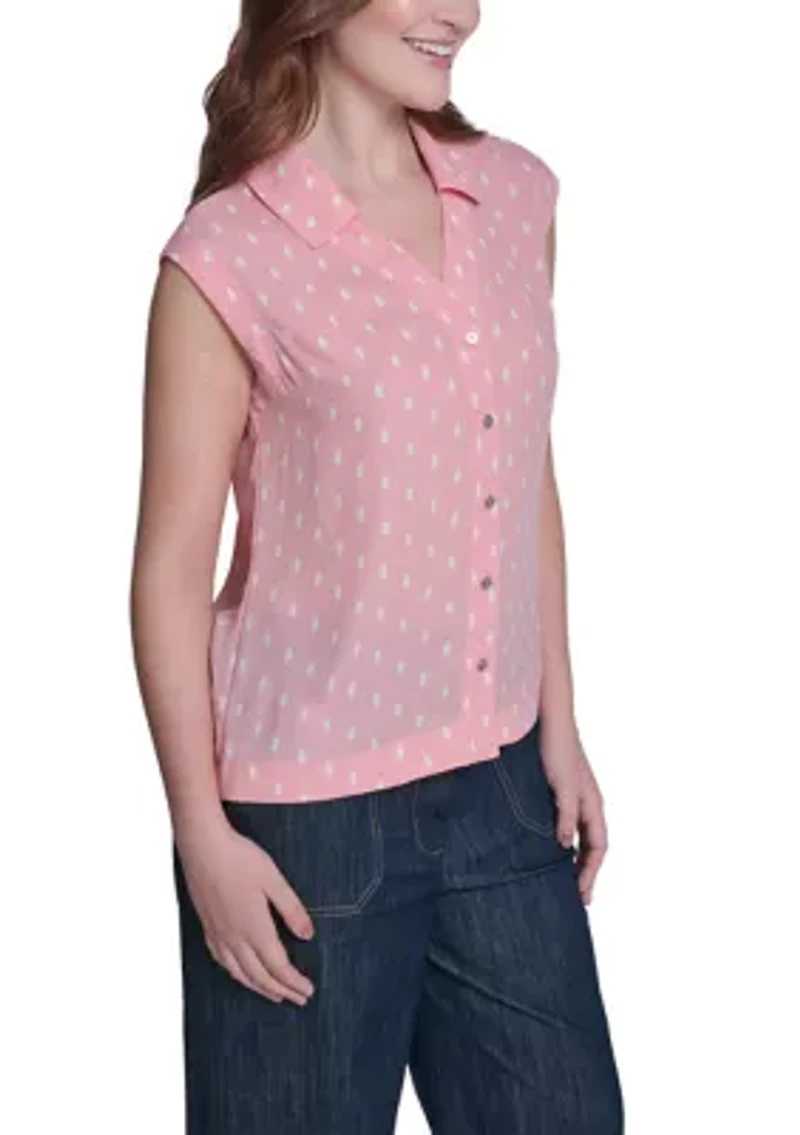 Women's Sleeveless Dot Button Up Blouse