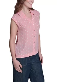 Women's Sleeveless Dot Button Up Blouse