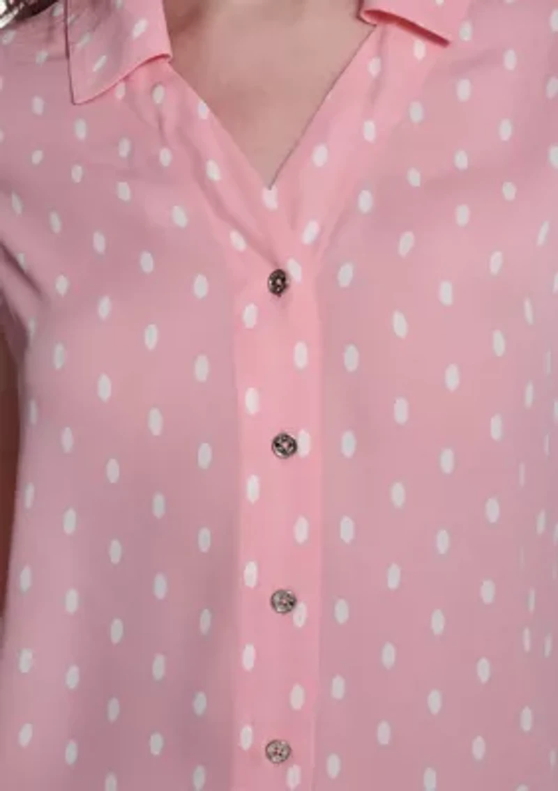 Women's Sleeveless Dot Button Up Blouse
