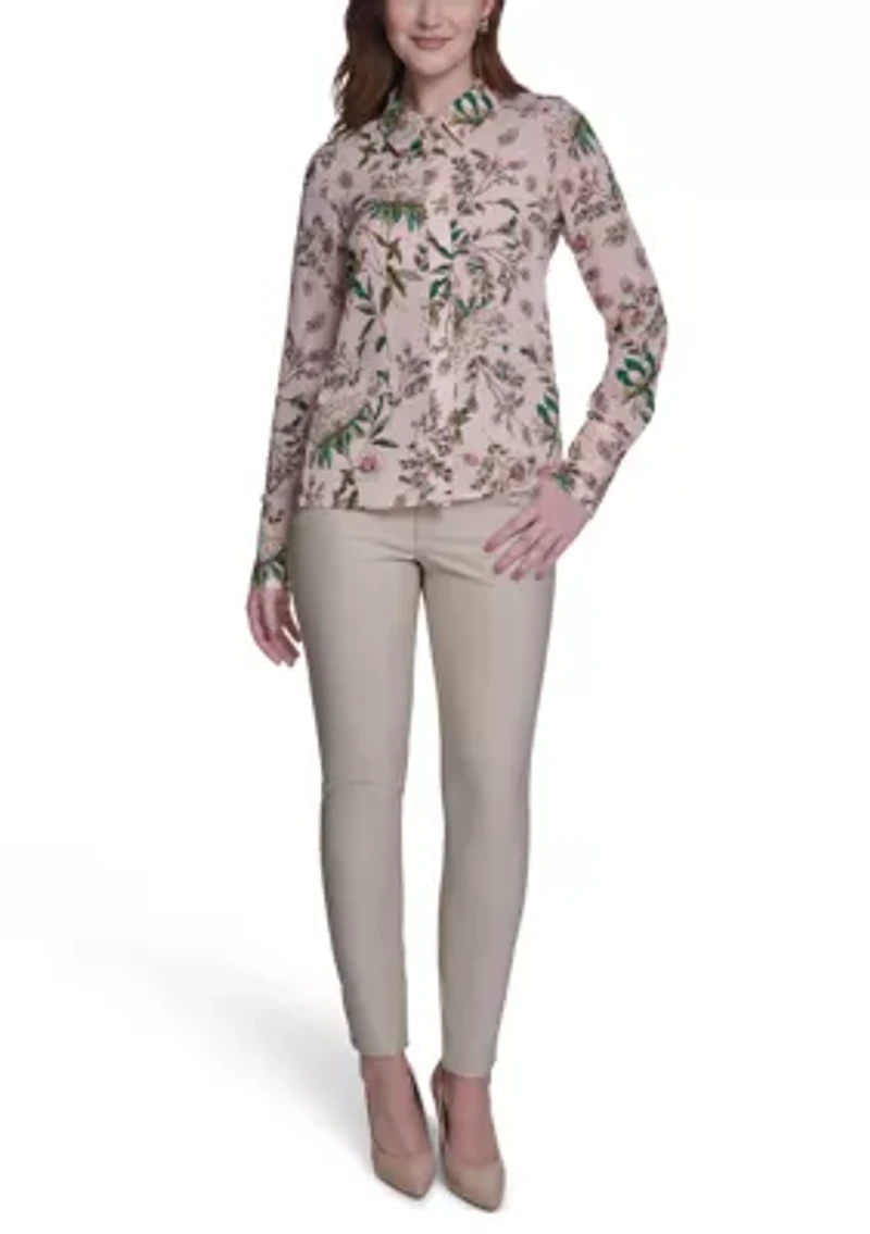 Women's Slim Fit Floral Button Front Blouse