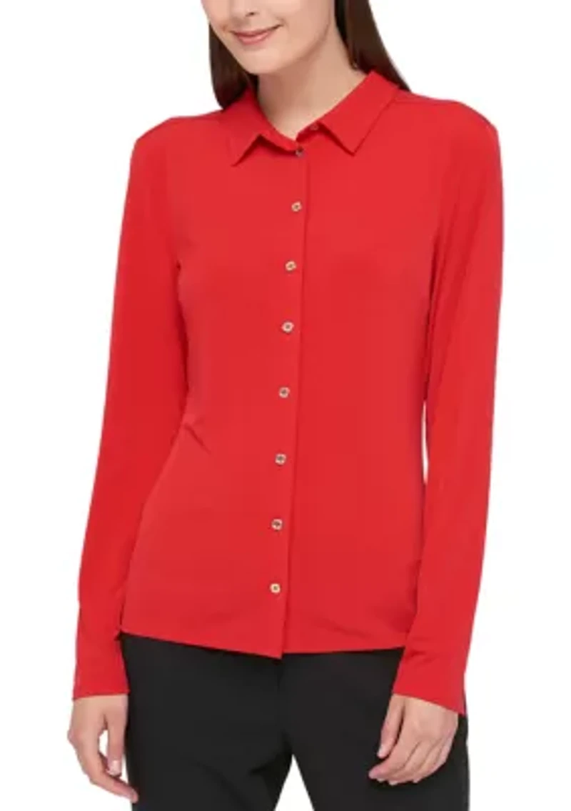 Women's Solid Long Sleeve Button Front Top