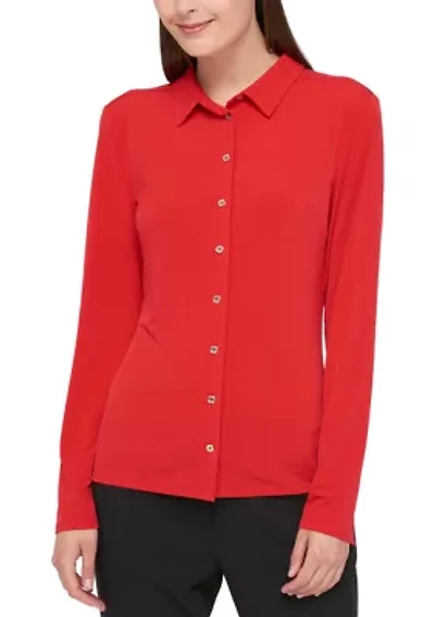 Women's Solid Long Sleeve Button Front Top