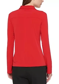 Women's Solid Long Sleeve Button Front Top