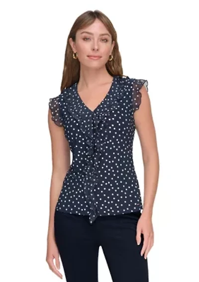 Women's Sleeveless Mixed Media Dot Ruffle Top