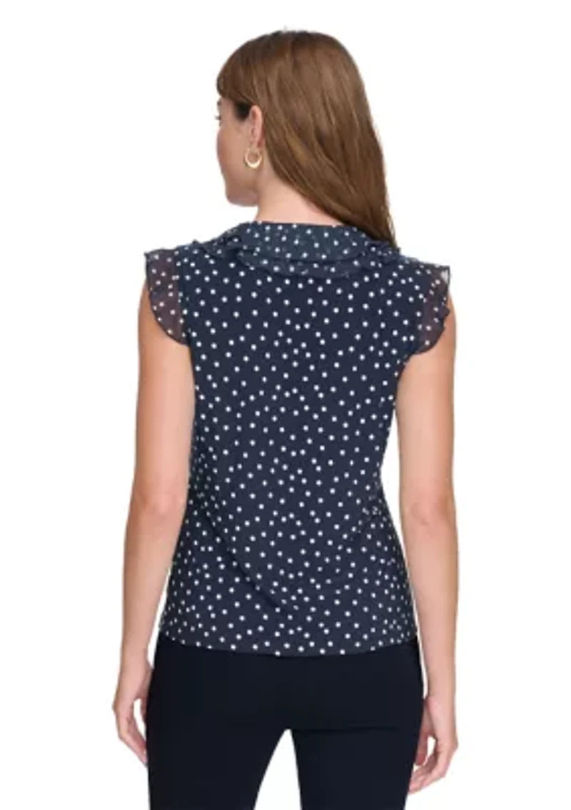 Women's Sleeveless Mixed Media Dot Ruffle Top
