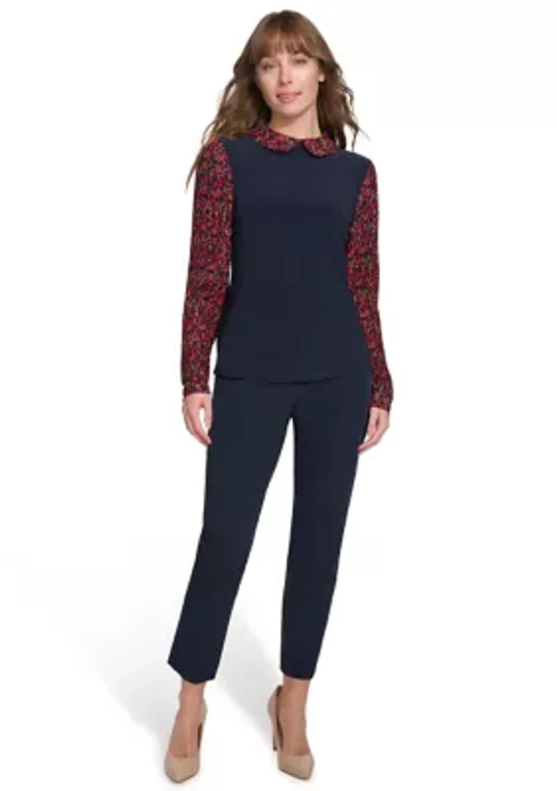 Women's Long Sleeve Collared Mixed Media Floral Top