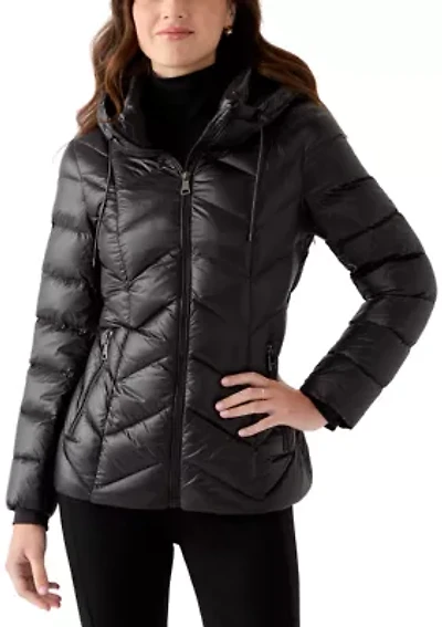 Women's Lightweight Shiny Puffer Coat with Hood