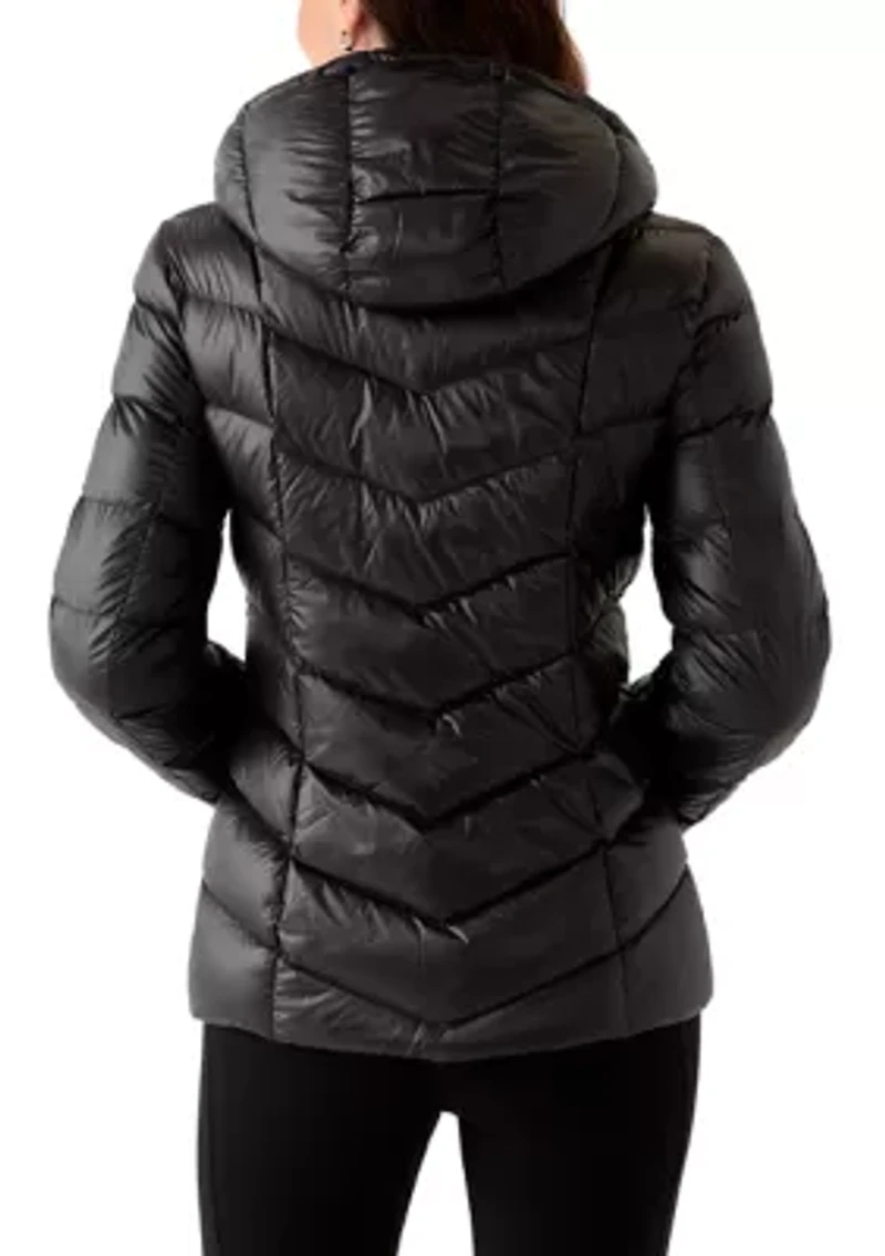 Women's Lightweight Shiny Puffer Coat with Hood