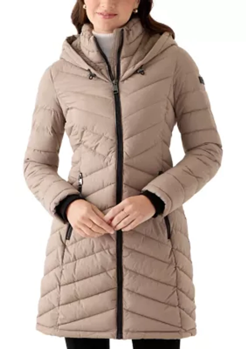 Women's 3/4 Lightweight Double Placket PU Puffer Coat