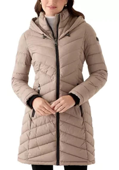 Women's 3/4 Lightweight Double Placket PU Puffer Coat