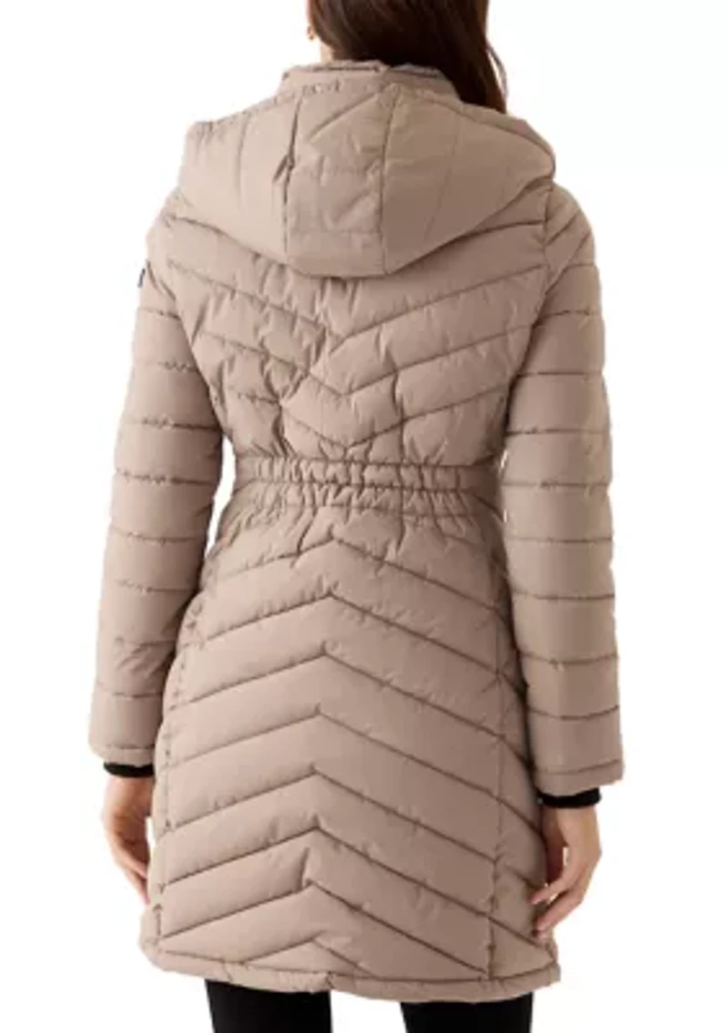 Women's 3/4 Lightweight Double Placket PU Puffer Coat