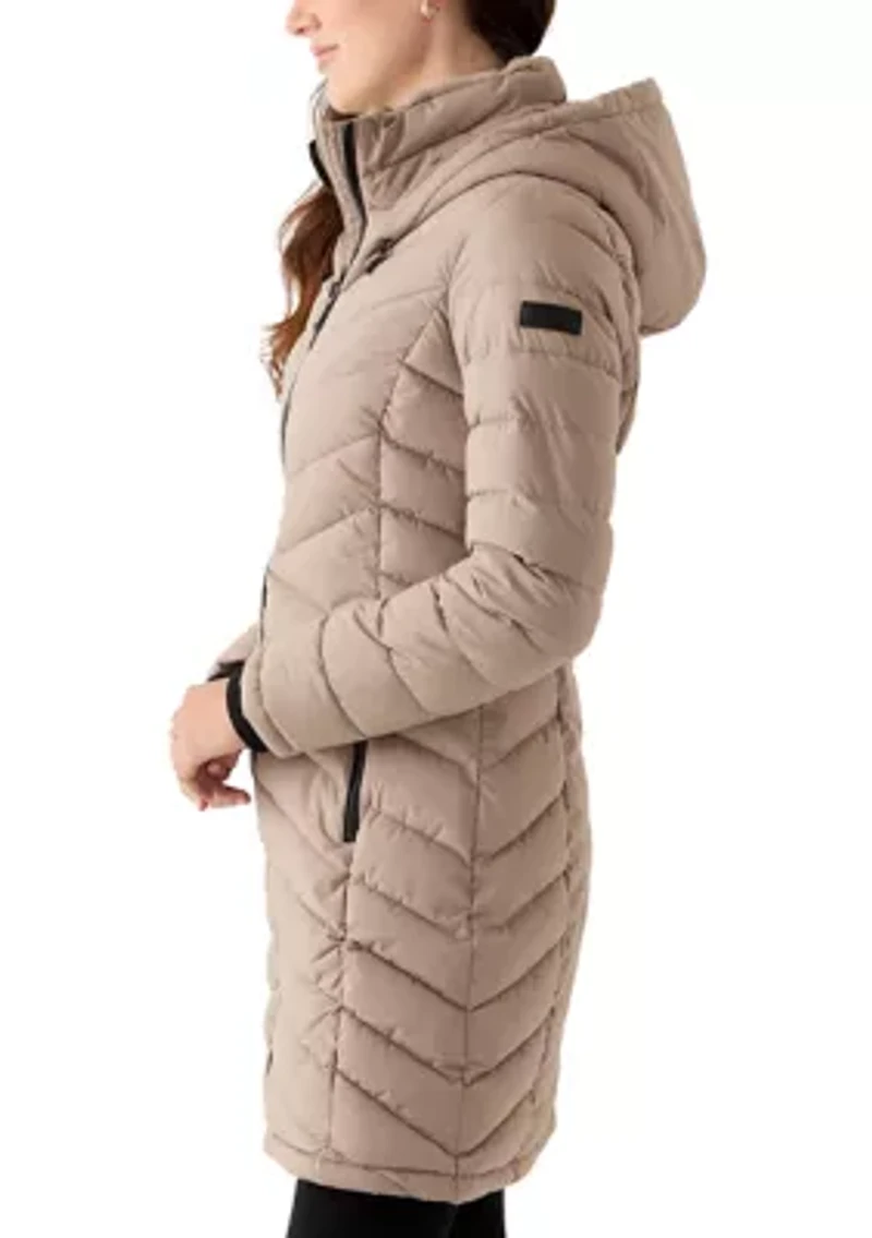 Women's 3/4 Lightweight Double Placket PU Puffer Coat