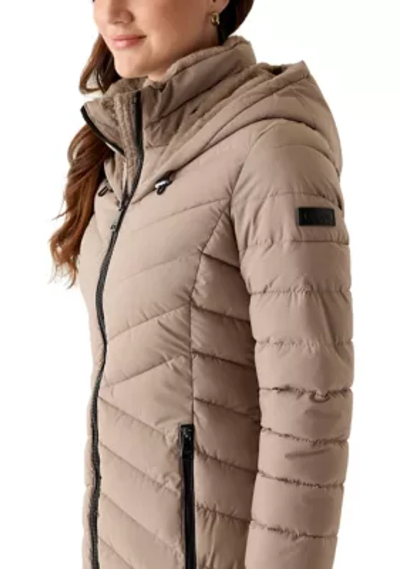 Women's 3/4 Lightweight Double Placket PU Puffer Coat